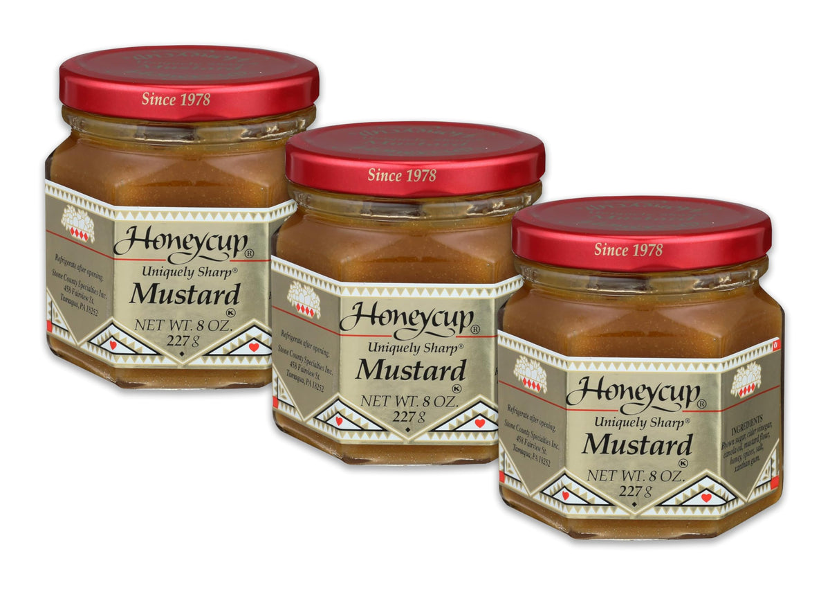Salthouse & Peppermongers Honeycup Mustard pack of 3 bottles for easy pantry use.