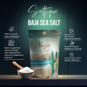 Saltique Baja Sea Salt coarse pours over food to enhance flavor.