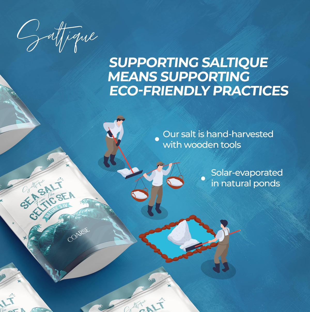 Saltique Celtic Salt Coarse packaging demonstrates sustainable, additive-free Celtic salt.