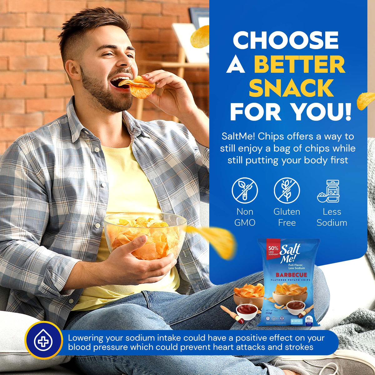 SaltMe BBQ chips closeup emphasizes bold, smoky taste with less salt per serving.