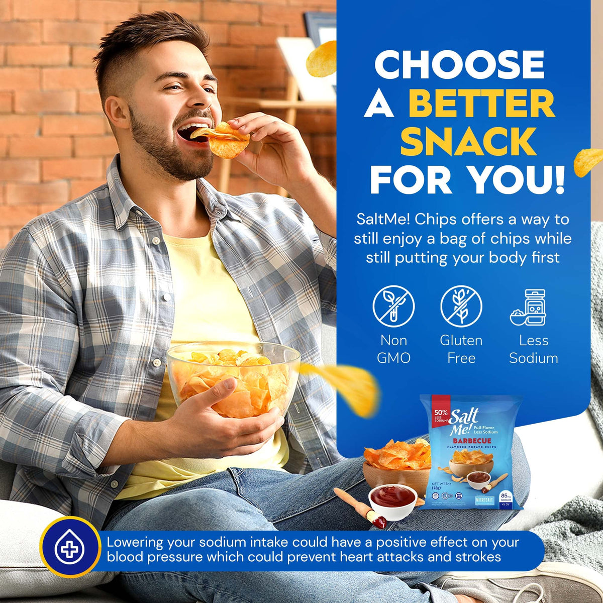 SaltMe BBQ chips bag icon highlights 50% less sodium