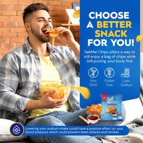 SaltMe BBQ chips bag icon highlights 50% less sodium