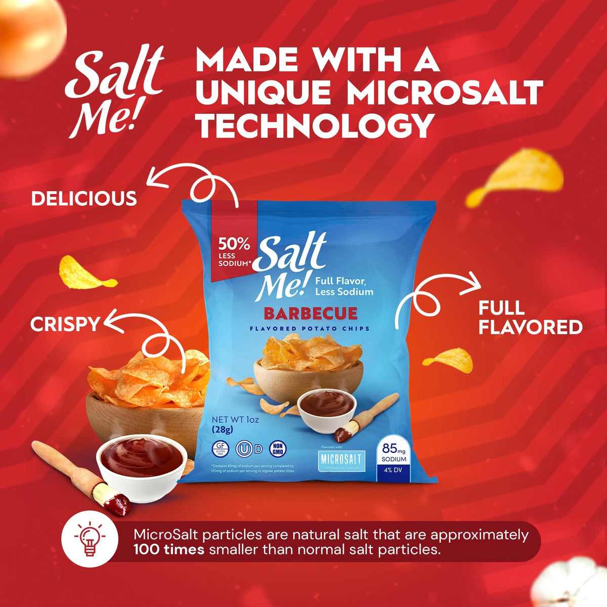 SaltMe BBQ chips close-up highlighting crispy texture and microsalt technology