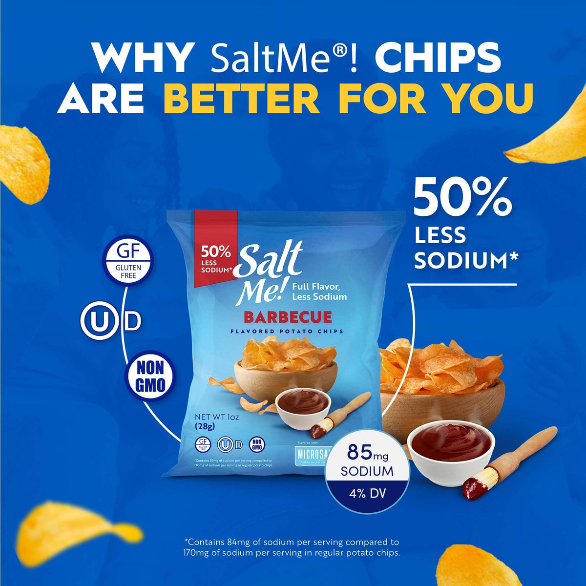 SaltMe BBQ chips served during casual gathering, a lower-sodium snacking option