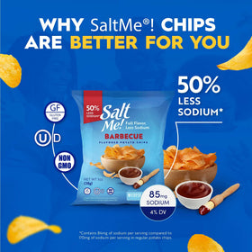 SaltMe BBQ chips served during casual gathering, a lower-sodium snacking option