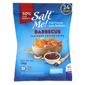 SaltMe BBQ chips in a sealed bag showing bold flavor with less sodium
