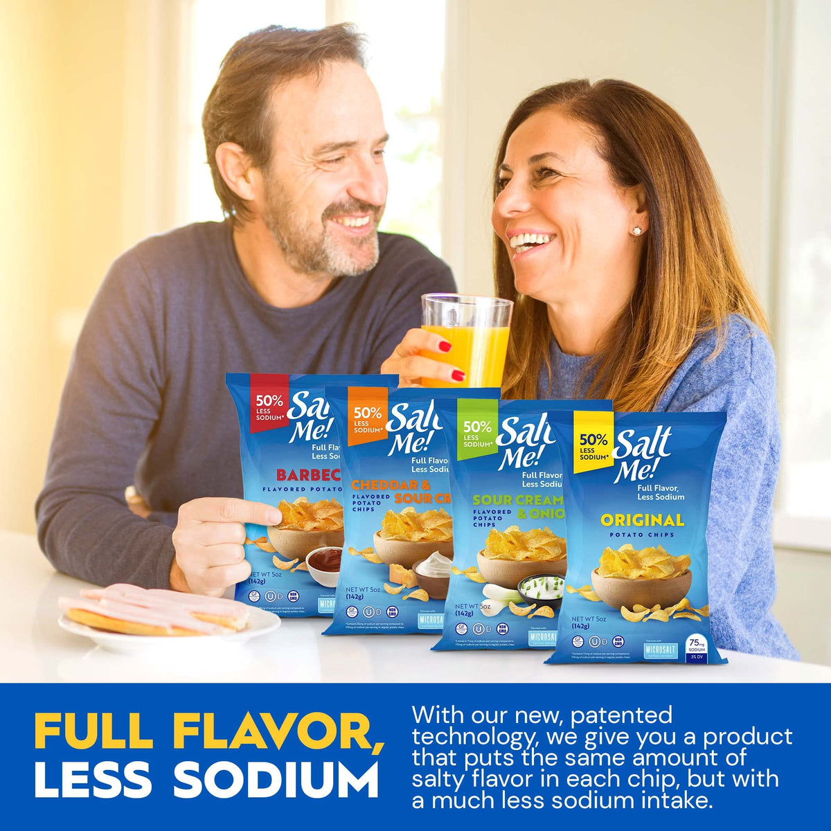 SaltMe Cheddar & Sour Cream chips closeup reveals rich cheese notes and satisfying bite.