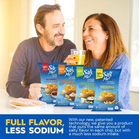 SaltMe Cheddar & Sour Cream chips closeup reveals rich cheese notes and satisfying bite.