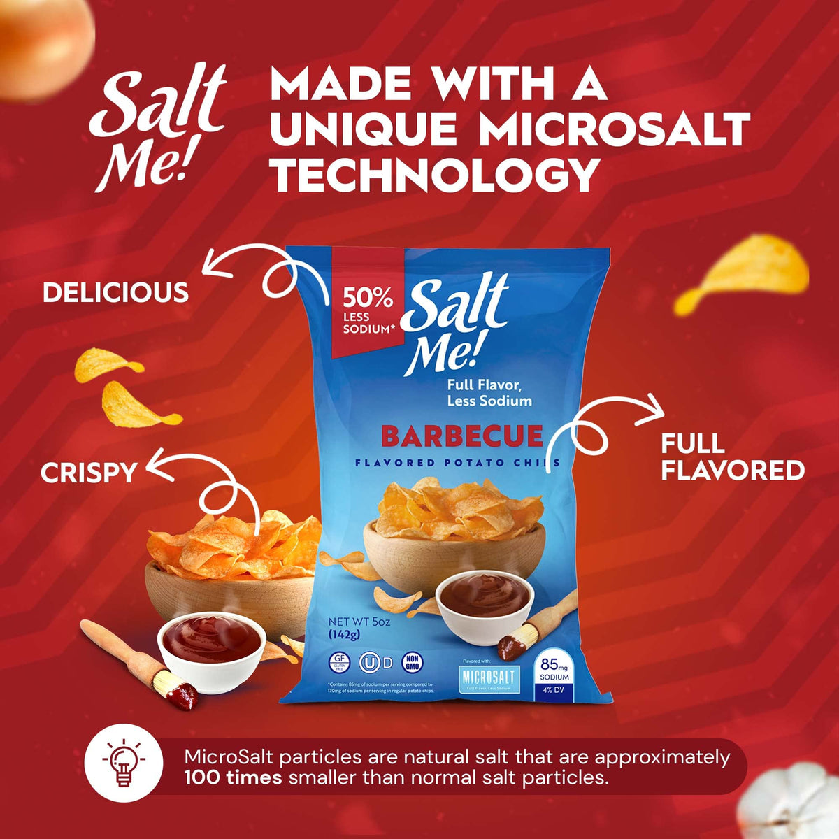 SaltMe microsalt technology illustration hints at flavorful, lower-sodium chips.