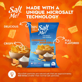 SaltMe Sour Cream & Onion chips closeup showcases creamy tang and crunch.