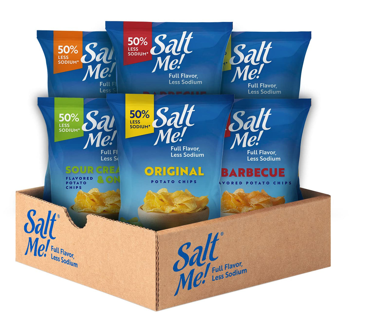 SaltMe variety pack front featuring six 5 oz bags for versatile, convenient snacking at home.