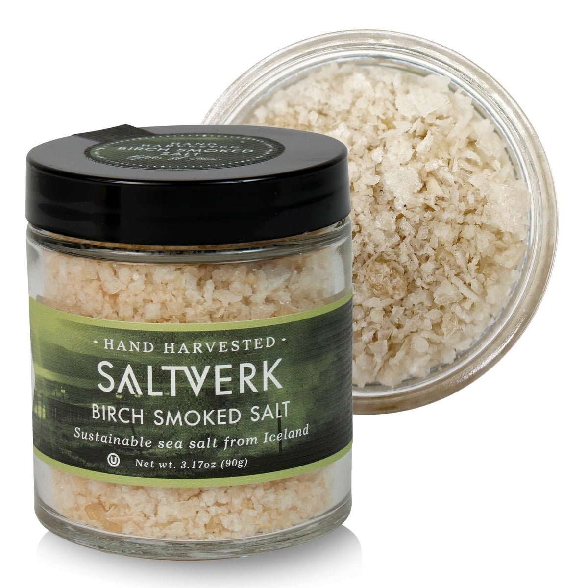 Saltverk birch-smoked salt bottle showcases premium flavor and smoky aroma for finishing dishes.