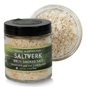 Saltverk birch-smoked salt bottle showcases premium flavor and smoky aroma for finishing dishes.