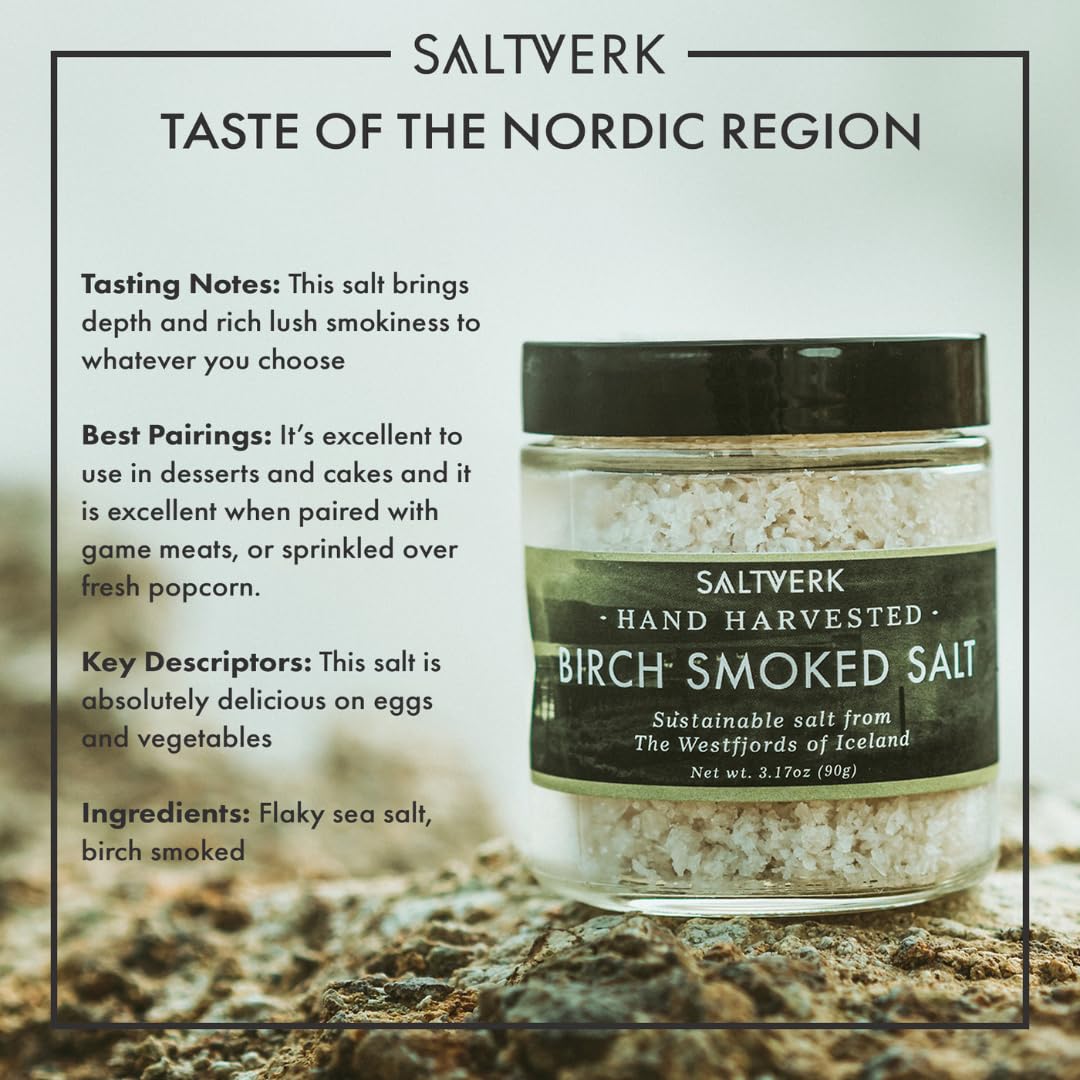 Saltverk birch-smoked salt grain closeup reveals flaky texture and aroma.