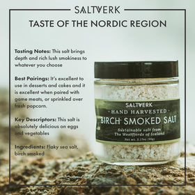 Saltverk birch-smoked salt grain closeup reveals flaky texture and aroma.