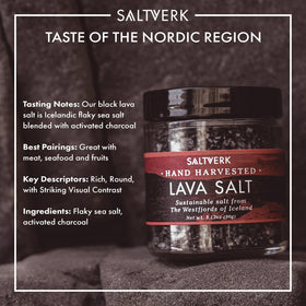 Saltverk Lava Salt bottle pour captures premium Icelandic salt with activated charcoal for subtle flavor.