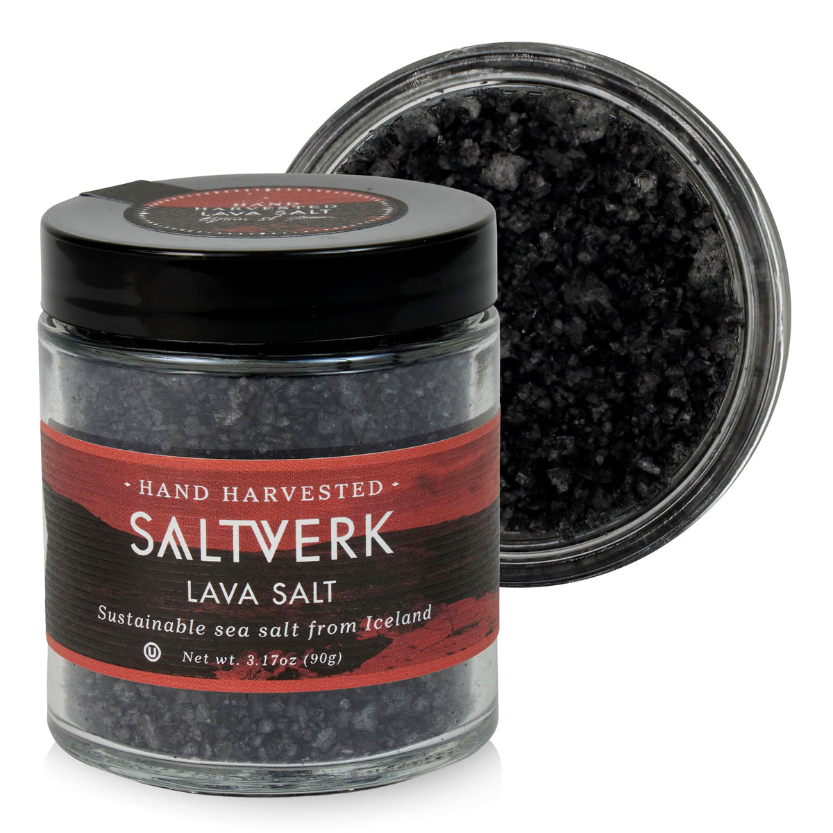 Saltverk Lava Salt flakes pack adds depth and striking color to gourmet dishes.