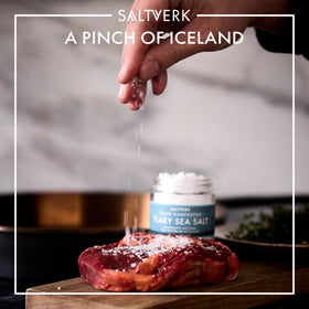 Saltverk restaurant quality sea salt being sprinkled on a dish for finishing