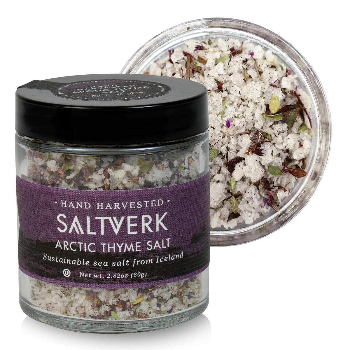 Saltverk Arctic Thyme sea salt bottle with flaky crystals and herb aroma.