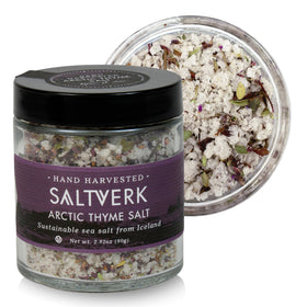 Saltverk Arctic Thyme sea salt bottle with flaky crystals and herb aroma.