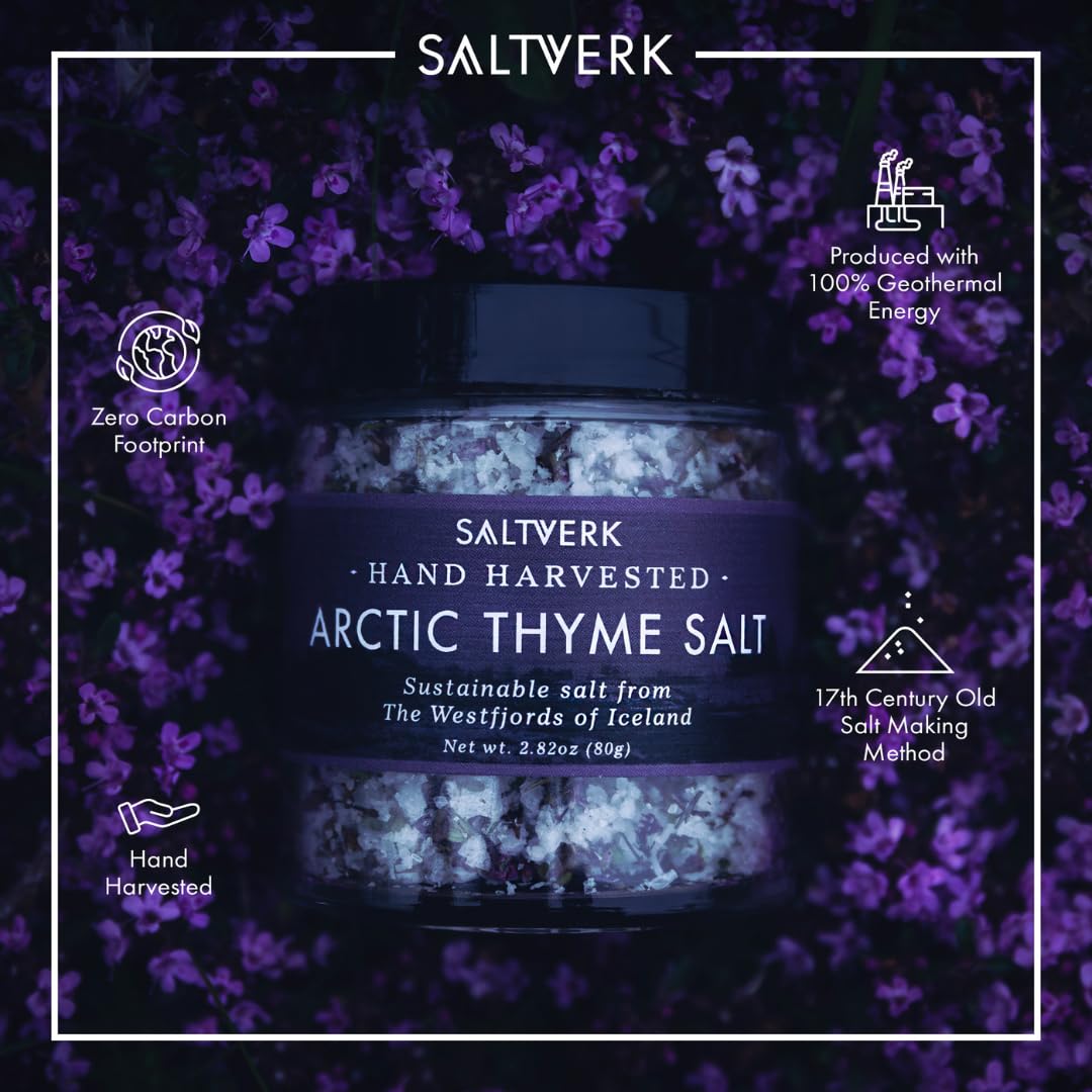 Saltverk Arctic Thyme sea salt closeup grains show delicate flakes.