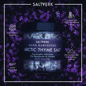 Saltverk Arctic Thyme sea salt closeup grains show delicate flakes.