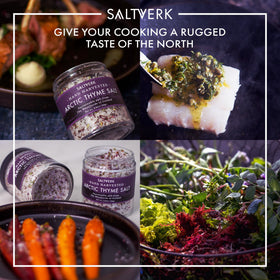 Saltverk Arctic Thyme sea salt on meat dish for flavor lift.