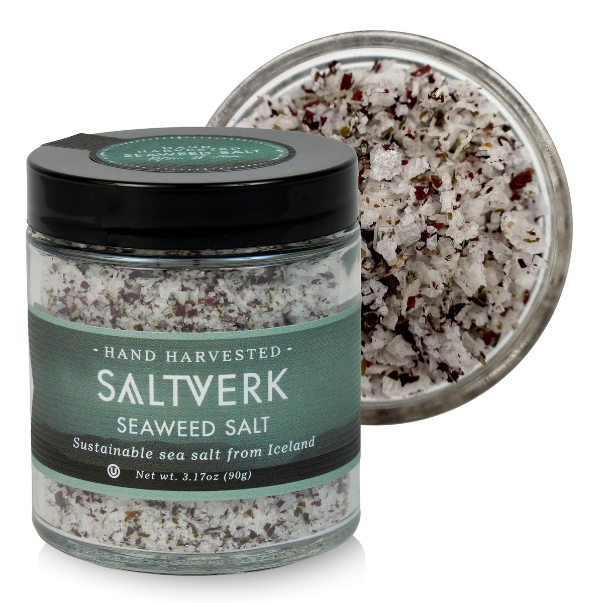 Saltverk Sea Salt bottle-front highlights a premium Icelandic seasoning for elevating dishes.