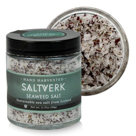 Saltverk Sea Salt bottle-front highlights a premium Icelandic seasoning for elevating dishes.