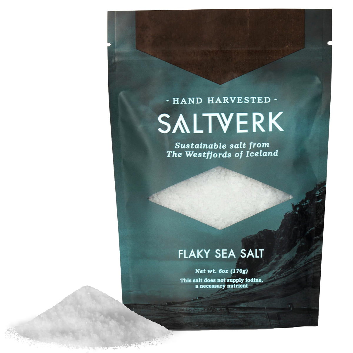 Saltverk sea salt flakes in a glass jar ready to finish dishes with crisp flavor