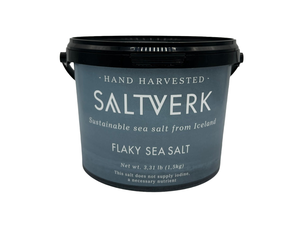 Saltverk sea salt flakes tub close-up for premium seasoning in everyday cooking