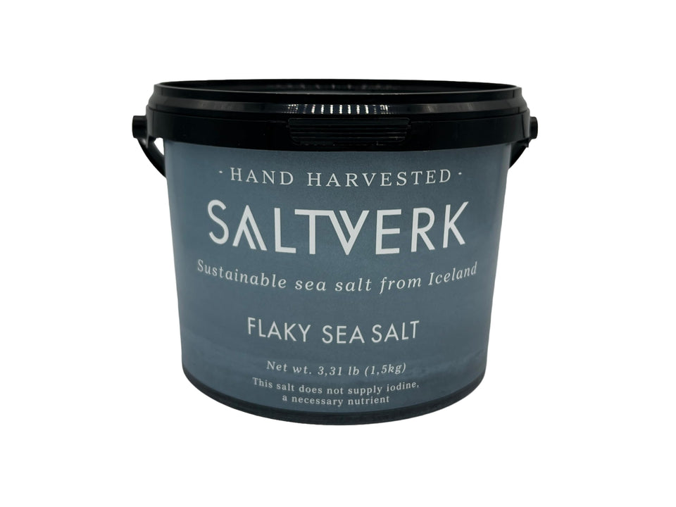 Saltverk sea salt flakes tub close-up for premium seasoning in everyday cooking
