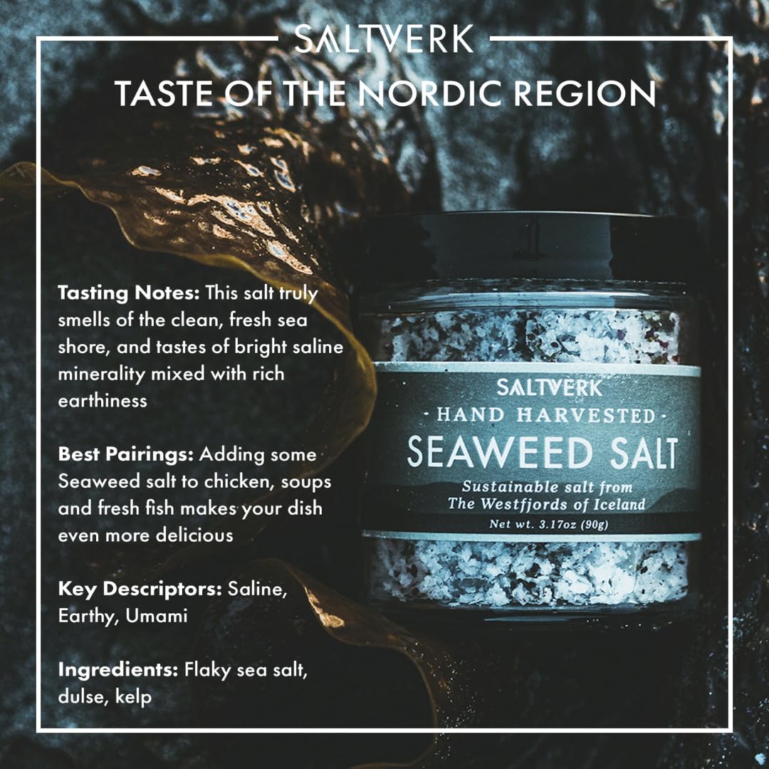 Saltverk Sea Salt seaweed-flakes-closeup emphasizes umami depth from two seaweeds for richer flavors.