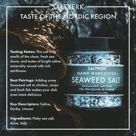 Saltverk Sea Salt seaweed-flakes-closeup emphasizes umami depth from two seaweeds for richer flavors.