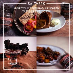 Saltverk sustainable sea salt shown with natural lighting emphasizes eco-friendly, carbon-neutral flavor.
