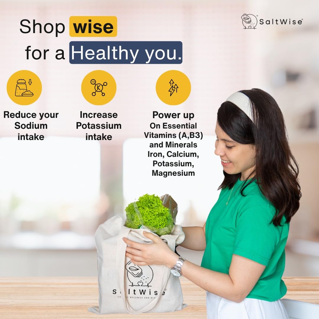 Label on SaltWise Green Salt highlights 50% less sodium claim.