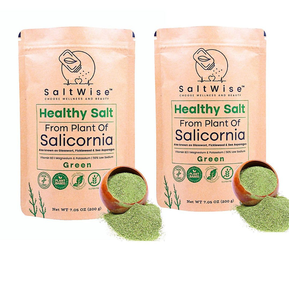 SaltWise Green Salt bottle close-up emphasizing plant-based umami flavor.