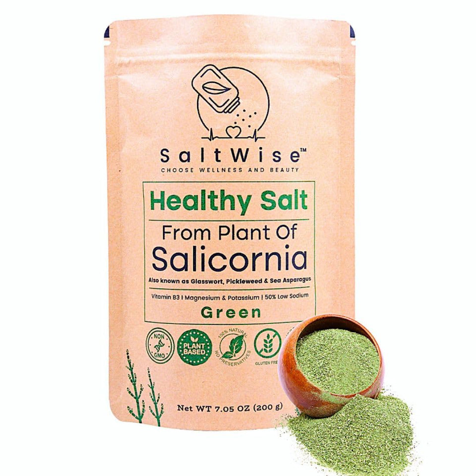 SaltWise Salicornia Green Salt bottle shows natural umami for meals.
