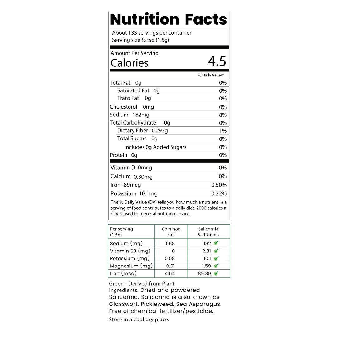 SaltWise Salicornia Green Salt packaging highlights plant-based, low-sodium seasoning.