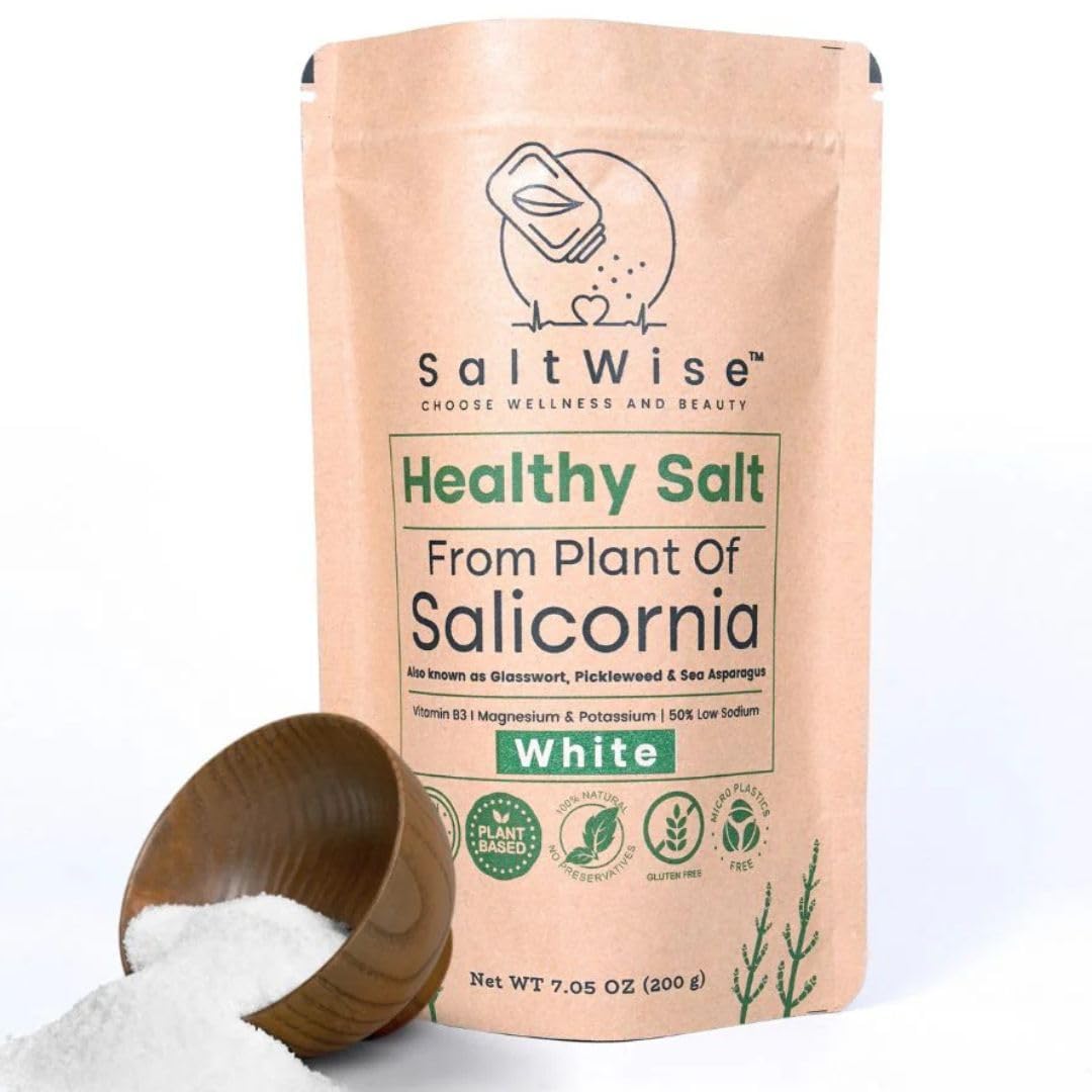 SaltWise Salicornia White Salt bottle pour showing low-sodium seasoning