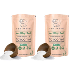 SaltWise Salicornia White Salt bottle — natural, low-sodium seasoning for healthier cooking.