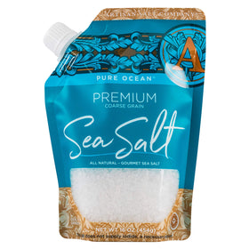 SaltWorks Pure Ocean coarse sea salt in a pour-spout pouch for precise finishing.