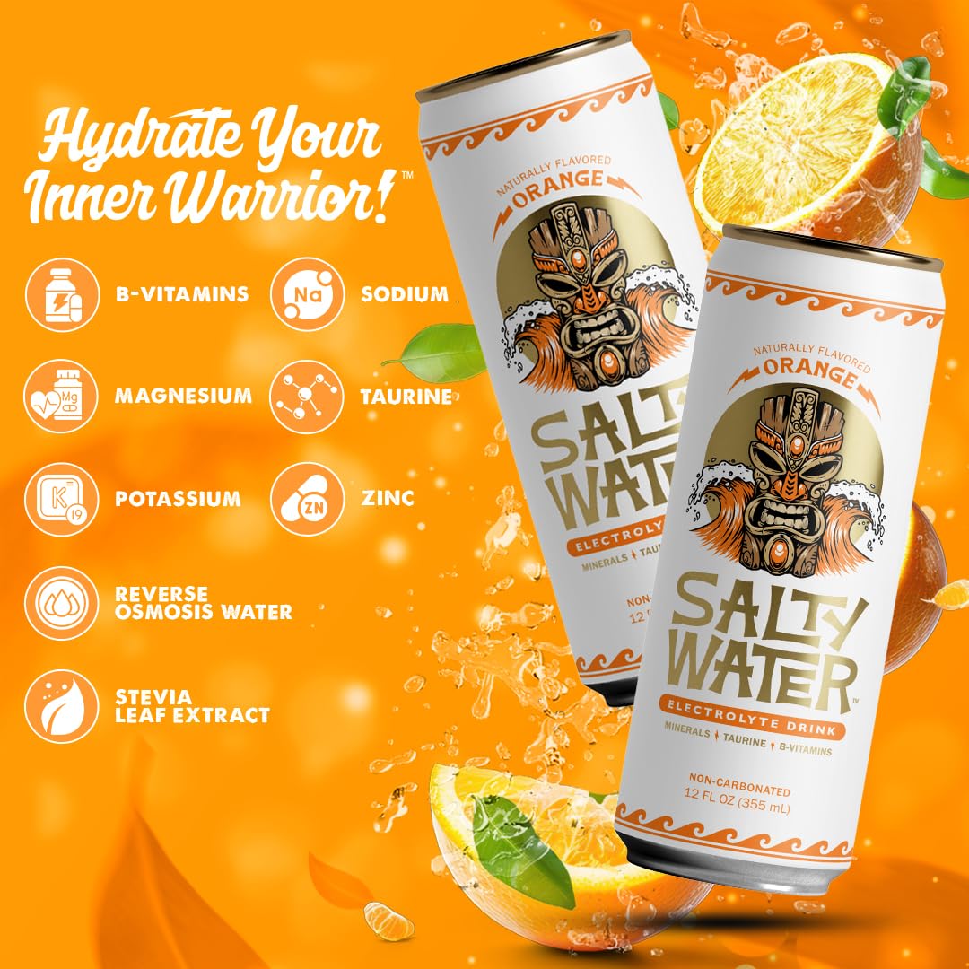 SaltyWater aluminum can recycling symbol with orange beverage