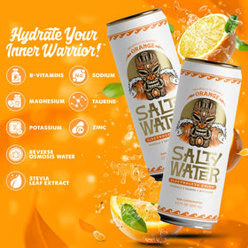 SaltyWater aluminum can recycling symbol with orange beverage