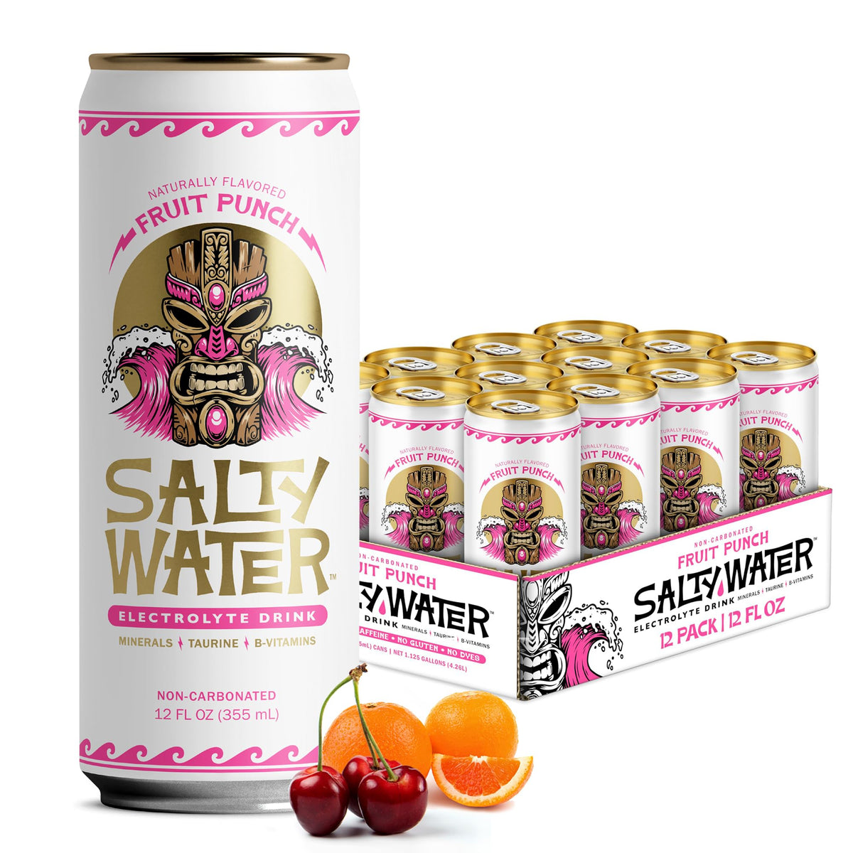 SaltyWater Fruit Punch aluminum can front for portable hydration.