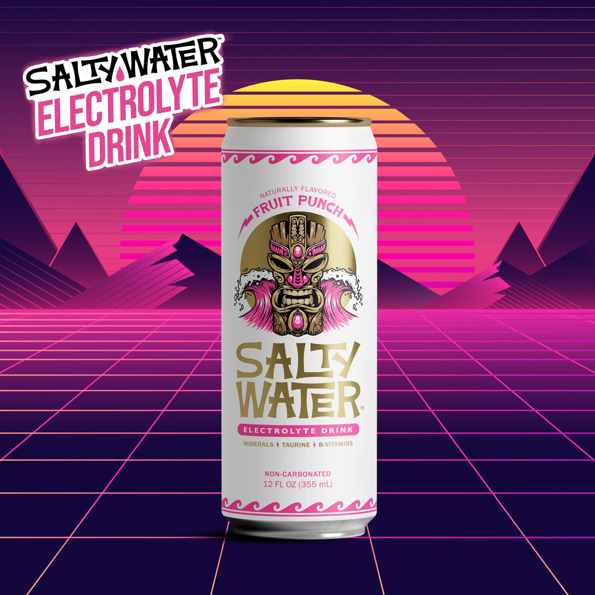 SaltyWater Fruit Punch aluminum can side view highlights compact, zero sugar hydration.