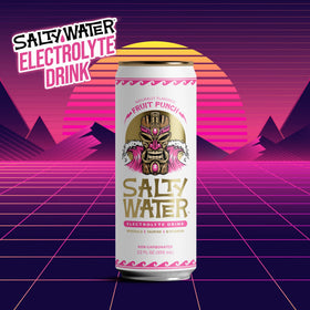 SaltyWater Fruit Punch aluminum can side view highlights compact, zero sugar hydration.
