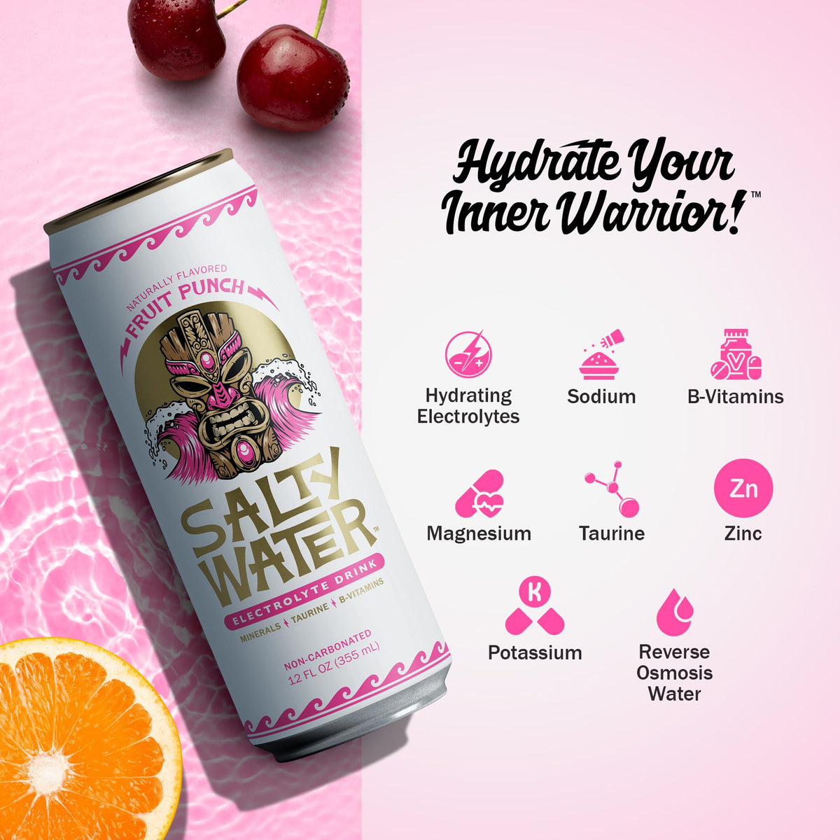SaltyWater Fruit Punch glass with can suggests refreshing, non-carbonated thirst-quenching option.