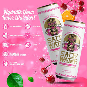 SaltyWater Fruit Punch label detail communicates sugar-free and caffeine-free formula.