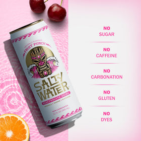SaltyWater Fruit Punch 12-pack carton emphasizes eco-friendly aluminum packaging.